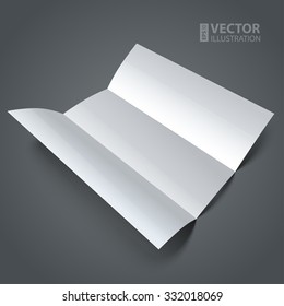 Blank shiny paper tri-fold brochure mock-up with realistic shadow on dark grey background. RGB EPS 10 vector illustration