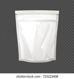 Blank shiny white package with stripe for removal isolated vector illustration on transparent background. Pack for instant coffee and cocoa.