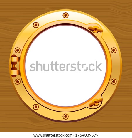 Blank ship porthole on wooden background.Vector illustration of gold ship porthole with wooden background.