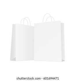 Blank shopping bag isolated on white background. Two white bags for merchandise. Mockup can be used for design, branding or logo. Vector illustration