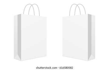Blank shopping bag isolated on white background. Two cardboard packets. Mockup can be used for design, branding, logo. Vector illustration