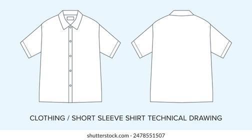 Blank Short Sleeve Shirt Technical Drawing, Apparel Blueprint for Fashion Designers. Detailed Editable Vector Illustration, Black and White Clothing Schematics, Isolated Background