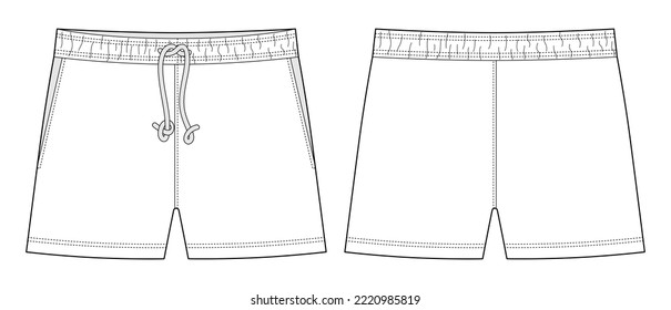 Blank shorts pants technical sketch design template. Casual shorts with pockets and lace. CAD mockup. Front and back. Fashion vector illustration.