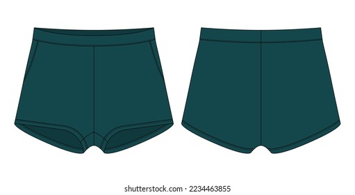 Plantilla de diseño de boceto técnico de pantalones cortos en blanco. Color verde oscuro. Pantalones cortos con bolsillos. Burla de CAD. Delante y atrás. Ilustración vectorial de moda técnica