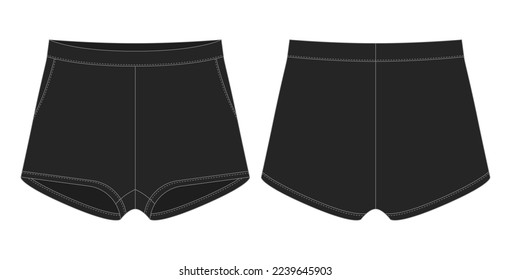 Plantilla de diseño de boceto técnico de pantalones cortos en blanco. Color negro. Pantalones cortos con bolsillos. Burla de CAD. Delante y atrás. Ilustración vectorial de moda técnica
