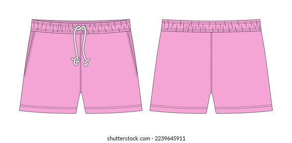 Blank shorts pants technical sketch design template. Pink color. Casual shorts with pockets and lace. CAD mockup. Front and back. Fashion vector illustration.
