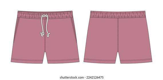 Blank shorts pants technical sketch design template. Pudra color. Casual shorts with pockets and lace. CAD mockup. Front and back. Fashion vector illustration.