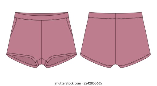 Blank shorts pants technical sketch design template. Pudra color. Casual shorts with pockets. CAD mockup. Front and back. Technical fashion vector illustration