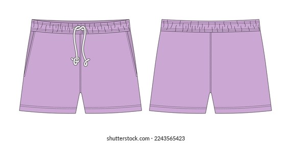 Plantilla de diseño de boceto técnico de pantalones cortos en blanco. Color púrpura pastel. Pantalones cortos con bolsillos y encaje. Burla de CAD. Delante y atrás. Ilustración vectorial de moda.