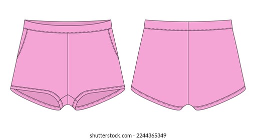 Blank shorts pants technical sketch design template. Pink color. Casual shorts with pockets. CAD mockup. Front and back. Technical fashion vector illustration