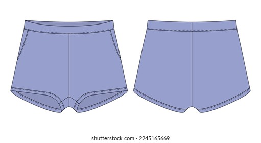 Blank shorts pants technical sketch design template. Cool blue color. Casual shorts with pockets. CAD mockup. Front and back. Technical fashion vector illustration