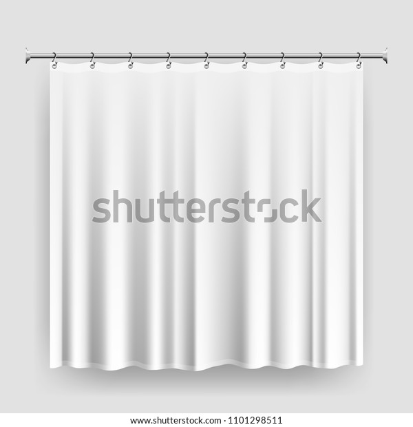 Blank shower\
curtain template or mock-up, realistic white curtain with steel\
hooks and rod, waterproof bathroom curtain, editable shower\
interior accessory vector illustration\
