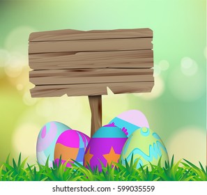 blank sign board with Easter eggs hiding on grass with green bokeh background.Template for Easter season greeting card, banner and poster in vector illustration to celebrate the festival.