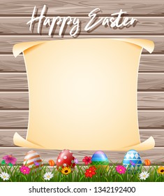 Blank sign in the grass field with decorated Easter eggs