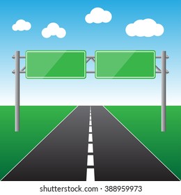 Blank sign over the road in blue sky isolated vector illustration