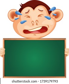 Blank sign template with crying monkey on white background illustration