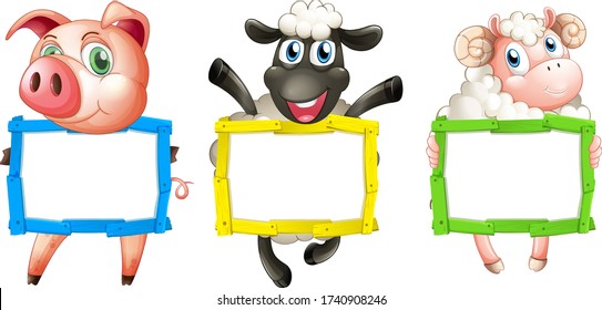 Plantilla de signo en blanco con animales bonitos en la ilustración de fondo blanco