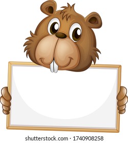 Blank sign template with cute beaver on white background illustration