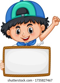 Blank sign template with cute boy on white background illustration