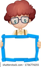 Blank sign template with cute boy on white background illustration