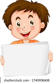 Blank sign template with cute boy on white background illustration