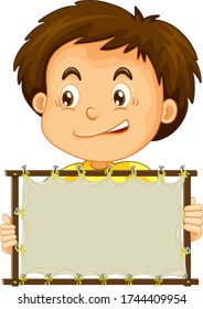 Blank sign template with cute boy on white background illustration