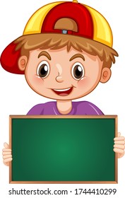 Blank sign template with cute boy on white background illustration