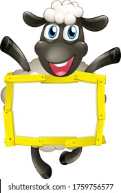 Blank sign template with cute sheep on white background illustration