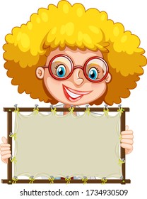 Blank sign template with femlae scientist on white background illustration