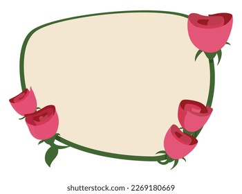 Blank sign template with green frame decorated with pink roses. Design in flat colors over white background.