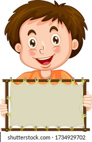 Blank sign template with happy boy on white background illustration