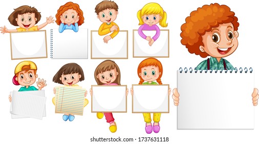 Blank sign template with happy children on white background illustration