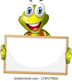 Blank sign template with happy turtle on white background illustration