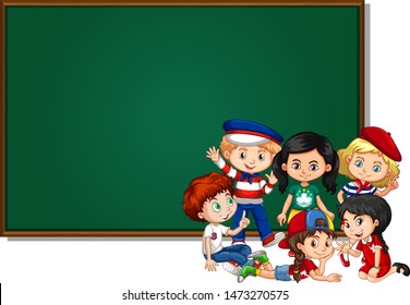 Blank sign template with kids and green board illustration