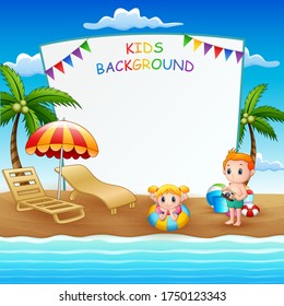 Blank sign template with kids on the beach illustration