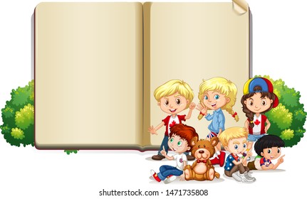 Blank sign template with kids and teddy bear illustration