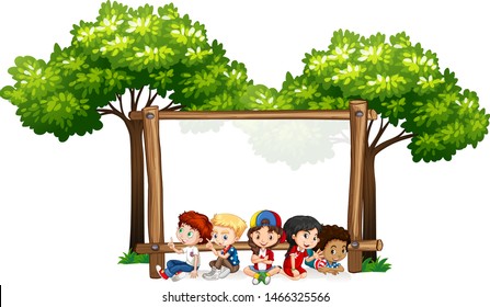 Blank sign template with kids and trees illustration