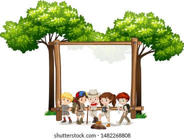 Blank sign template with kids and trees illustration