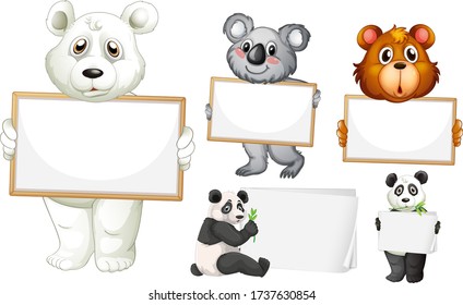 Blank sign template with many animals on white background illustration
