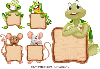 Blank sign template with many animals on white background illustration