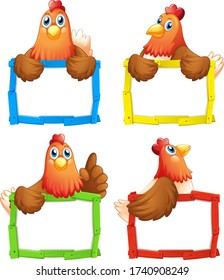 Blank sign template with many chickens on white background illustration