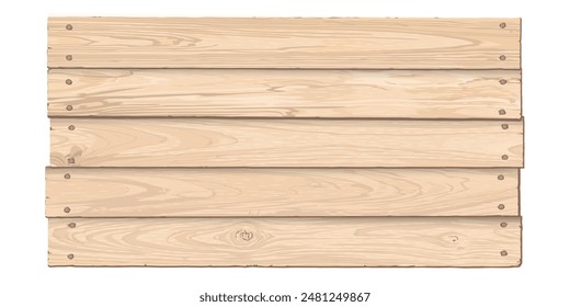 Blank signboard isolated made from cut timber panels and held together with brass rivets graphic illustrated. Nameplate wooden whitewashed texture pattern.