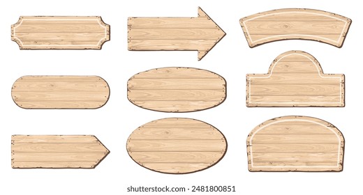 Blank signboard isolated various shapes made from cut timber panels and held together with brass rivets graphic illustrated. Set of nameplate wooden whitewashed texture pattern frame.