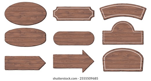 Blank signboard isolated various shapes made from cut timber panels and held together with brass rivets graphic illustrated. Set of nameplate wooden texture mocha mousse tone pattern frame.