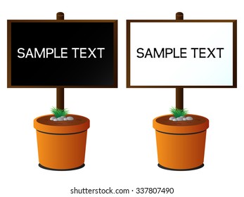 Blank signboard on garden pots