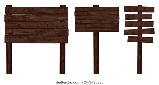 Blank signboard posts isolated made from walnut wood panels and held together with brass rivets graphic illustrated. Nameplate wooden texture isolated.