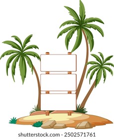Blank signpost surrounded by lush palm trees