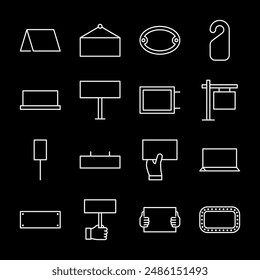 Blank signs, white line icons. Different shapes of signs for doors, tables, or handheld use. Perfect for informational and organizational themes. Symbols on black background. Editable stroke