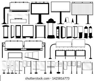 Blank silhouettes of billboard, outdoor advertising construction media set includes frontlight billboard, banners, signage, citylight, panel brackets, pillars, stella