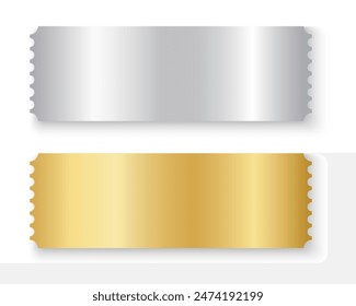 Blank silver and gold ticket mockups. Raffle, win lottery, coupon offer, jackpot lotto shining surface. Cards for entrance or seating in exclusive luxury style. Vector realistic illustration.